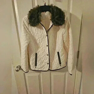 Charter Club Women's Jacket Quilted Full Zip Cream Brown Detachable Fur Size PS